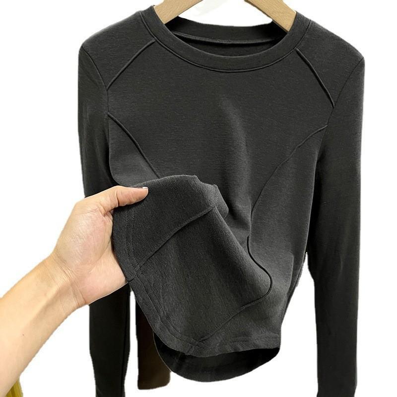 European autumn and winter polished thickened bottoming shirt women's long-sleeved inner shoulder T-shirt women's slim design thin velvet top