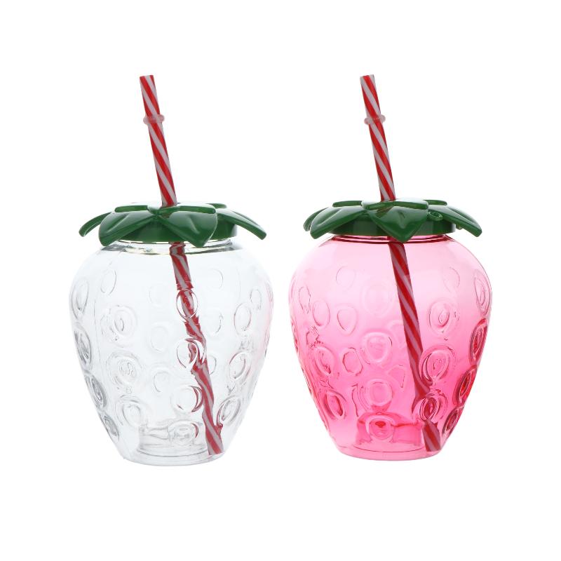 Portable Strawberry Shaped Water Bottle with Straw Cute Plastic Cup for Everyday Use