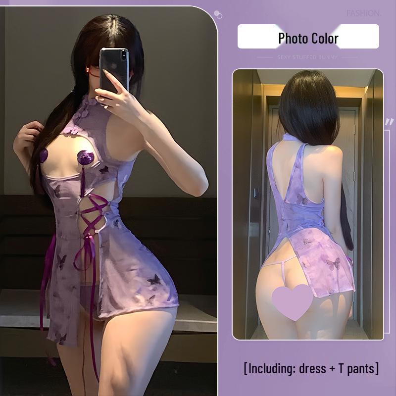 Elegant Purple Chinese Cheongsam Lingerie Set - Sexy, Easy-Off, Chest-Revealing Design