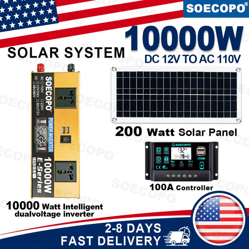 (US Stock) 10000W Peak Solar Generator Kit Intelligent Inverter 12V To 110V 200W Panel 100A Controller System for Home Car