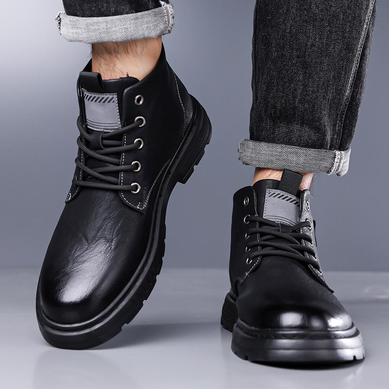 Autumn and Winter Men's Platform Leather Shoes Men's Cotton Shoes Velvet Warm Snow Boots Martin Boots Leather Boots