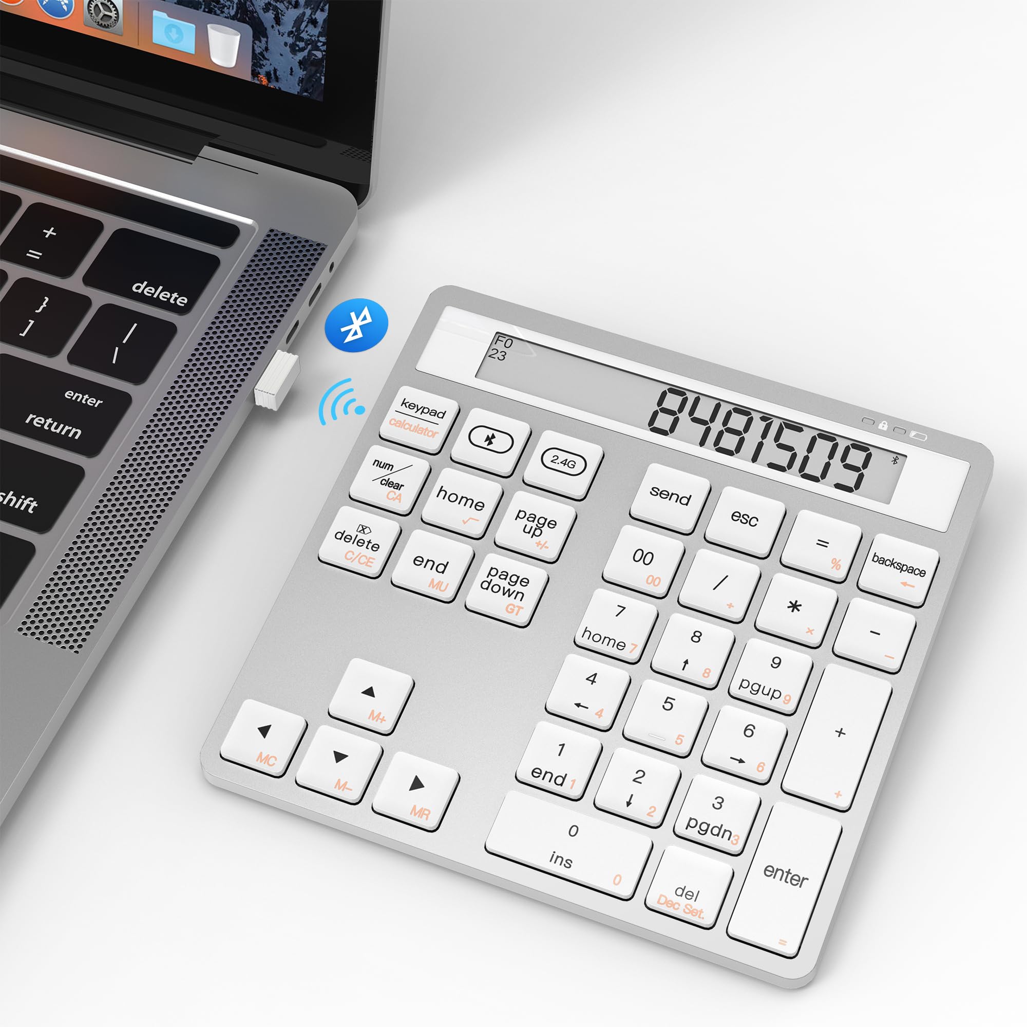 

Bluetooth Number Pad and Calculator, 34 Keys, Bluetooth & 2.4G USB Numeric Keypad with Display for MacBook Pro Air, iMac, and Desktops, Data Entry