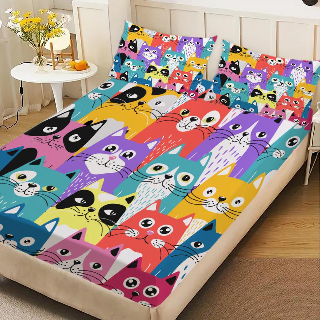 3 stuks Kleurrijke Katten Hoeslaken Cartoon Kattenpatroon 3D Print Cadeaus Voor Studenten Meisjes 100% Polyester Plat Laken Met Kussenslopen