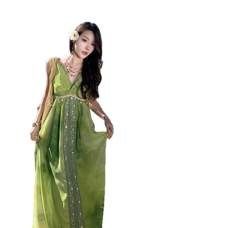 New Chinese Zen Cold Sense Smudged Green Beaded Backless Dress Photo Seaside Vacation Collar Suspender Dress