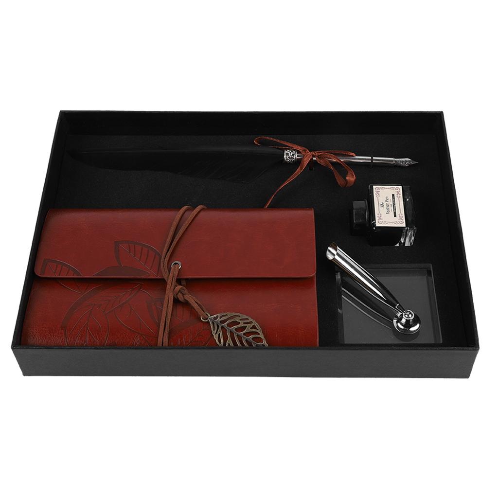 Retro Leather Notebook with Fountain Pen Feather Dip Pen Ink Bottle Set Stationery Gift Box