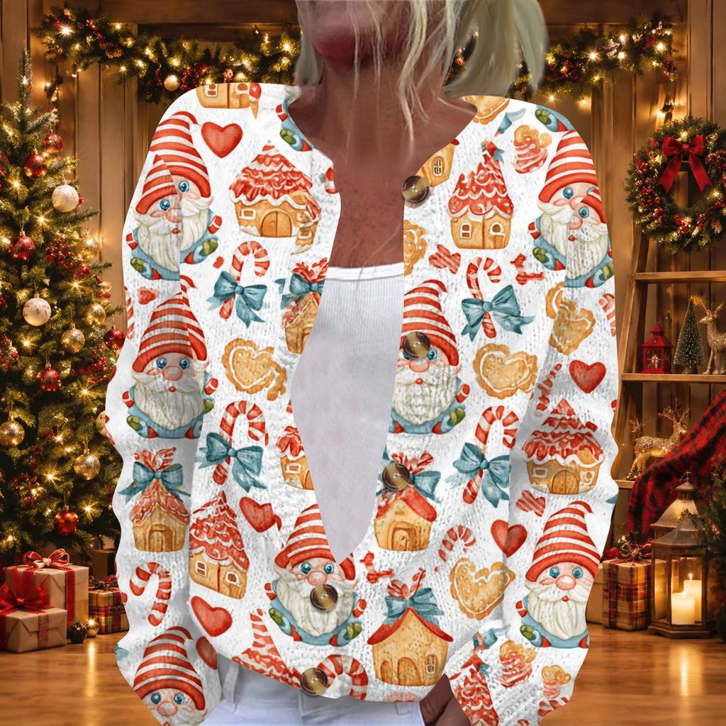 Women's Christmas Print Long Sleeve Knit Cardigan Button Down Sweater