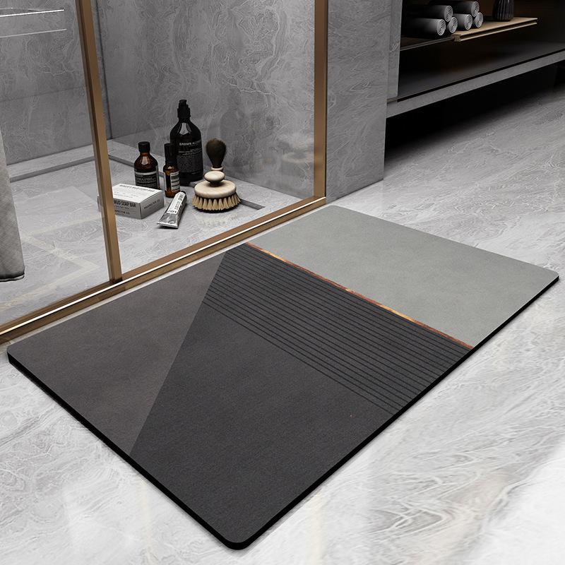 Elegant Gray and Golden Stripe Diatom Mud Mat - Thick, Non-Slip, Soft, and Quick-Drying for Kitchen and Bathroom