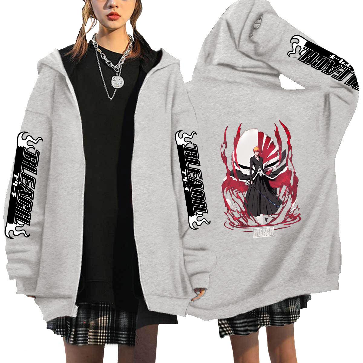 

Японский аниме Bleach Куросаки Ичиго Печатный капюшон для мужчин и женщин Толстовки с капюшоном на молнии Повседневная свободная толстовка Harajuku Унисекс Куртка на молнии 4XL серый