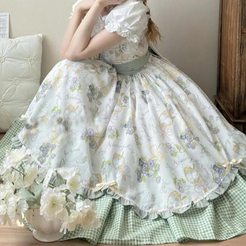 Pounds Country Style Lolita Skirt Elegant Daily Lace Print Midi Dress Shirt Set Princess Ball Gown Style