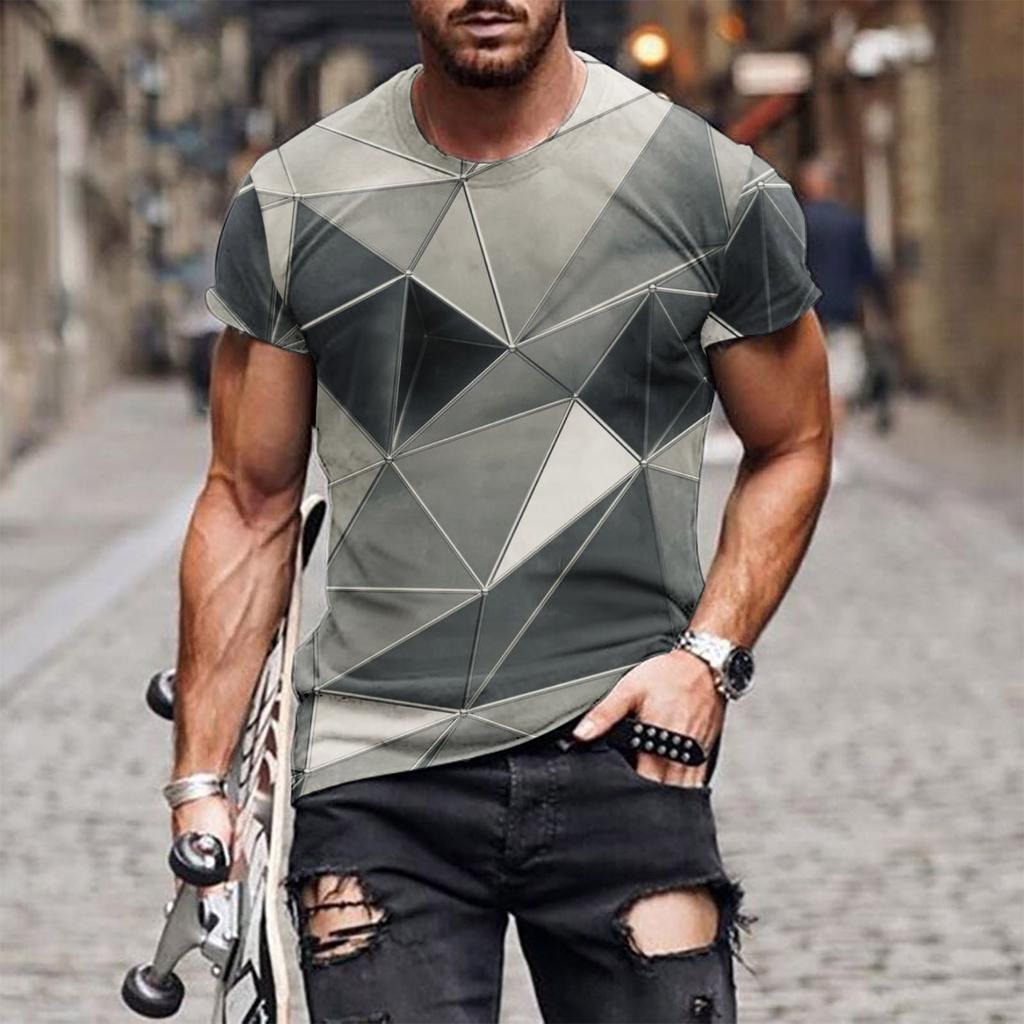 New 3D Splicing Men's Summer Short Sleeved Round Neck Pullover Plus Size Top Casual and Personalized Holiday Polyester T-shirt