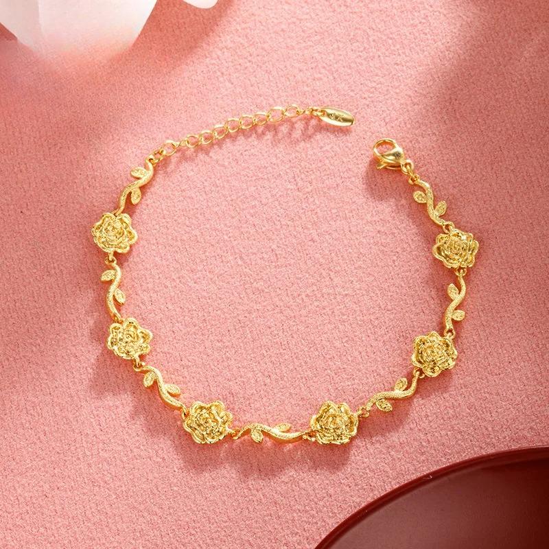 Роскошный женский браслет из чистого золота 24K 9999, матовые ветки, роза золотой