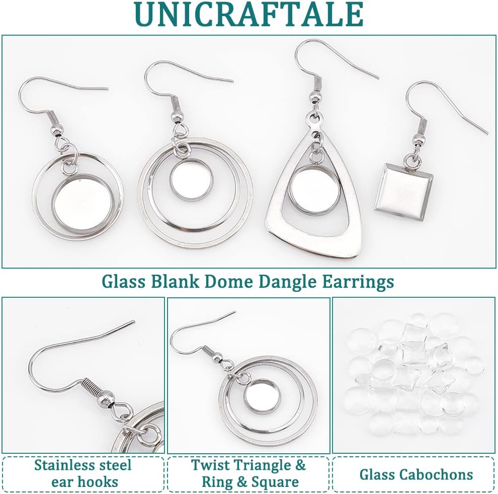 12 Pairs 4 Style Glass Blank Dome Dangle Earrings Twist Triangle & Ring & Square 304 Stainless Steel Earrings for Women Stainless Steel Color 33~50mm