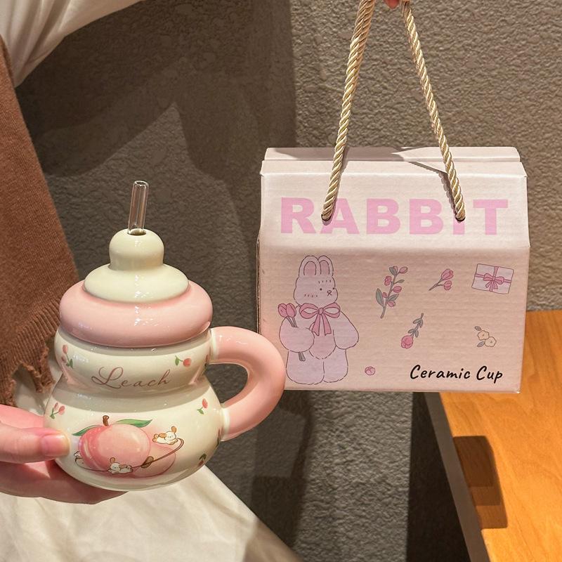 Super cute strawberry straw drinking cup for girls' birthday cup ceramic mug with lid girlfriend souvenir gift