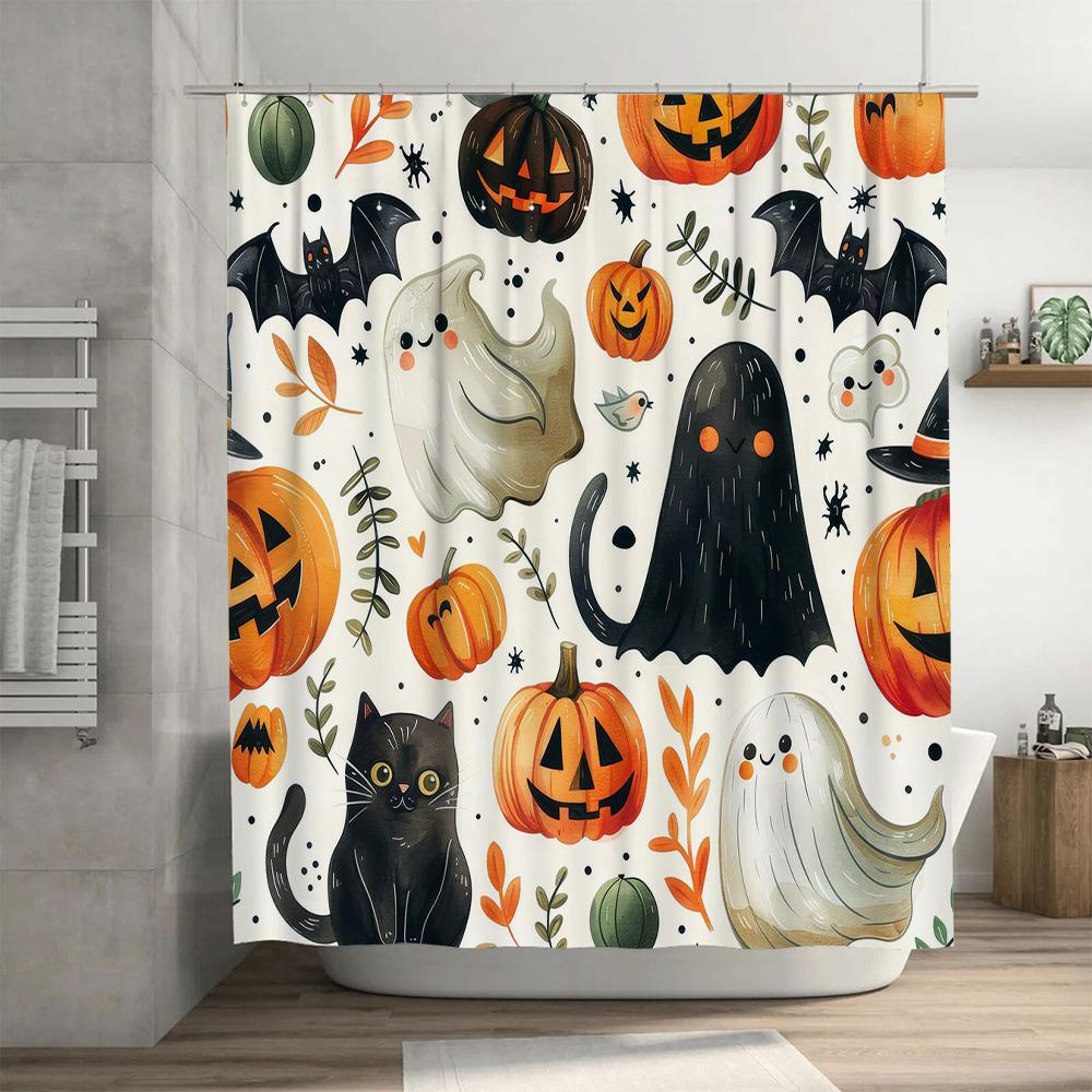 Halloween-themed shower curtain featuring spooky ghosts and ghouls perfect for your haunted house!