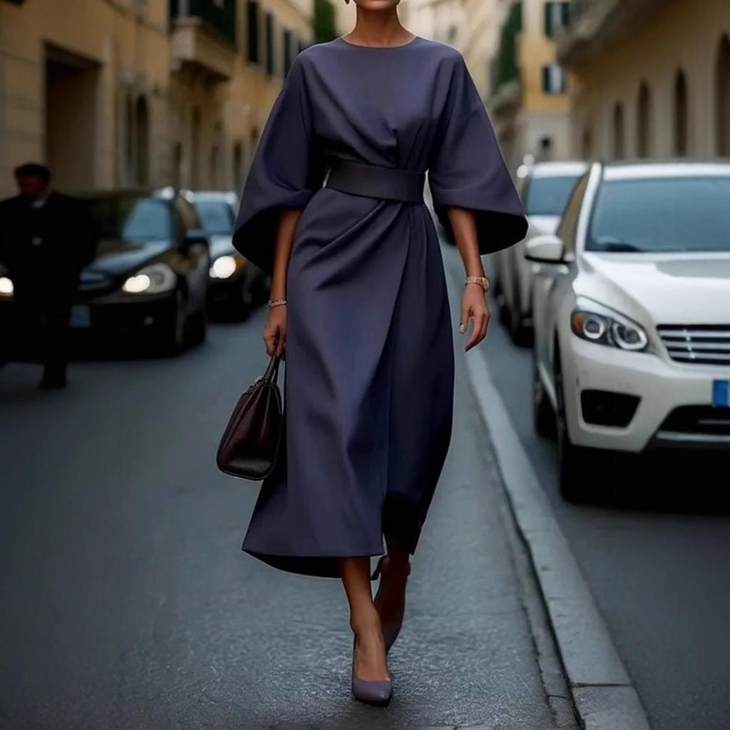 Women Elegant Belted Maxi Dress Batwing Sleeve Round Neck Split Solid Color Formal Party Long Gown