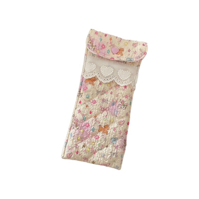 Kawaii Quilted Glasses Bag Cute Cartoon Eyeglasses Pouch Soft Cotton Sunglasses Case With Heart Button Lace For Women Girls