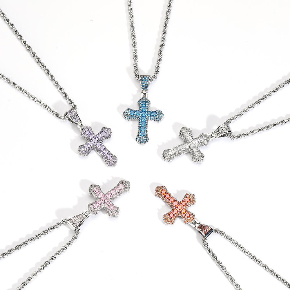 European and American Style Personalized Colorful Zircon Cross Necklace for Men Hip Hop Full Diamond Zircon Pendant Necklace Jewelry for Women