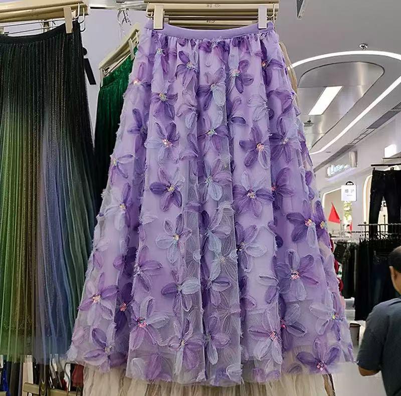Women's French Romantic A-Line Mesh Skirt with 3D Flowers - Elastic Waist, Stunning Summer Design