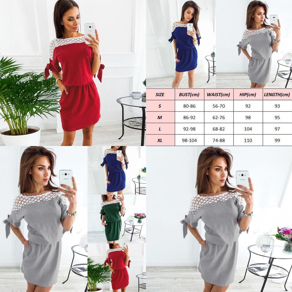 Elegant Women Vintage Dress Lace O-neck With Patchwork Hollow Out Short Sleeves