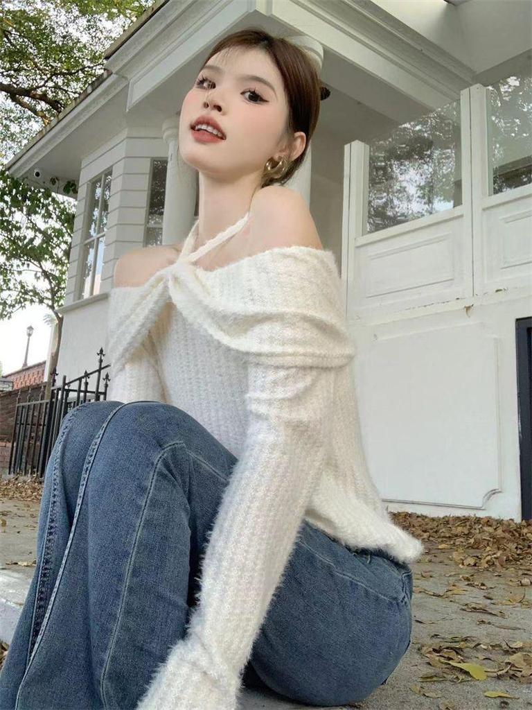 Koreanischer Spicy Girl Neckholder Schulterfreier Pullover - Damen Herbst Langarm Stilvolles Oberteil