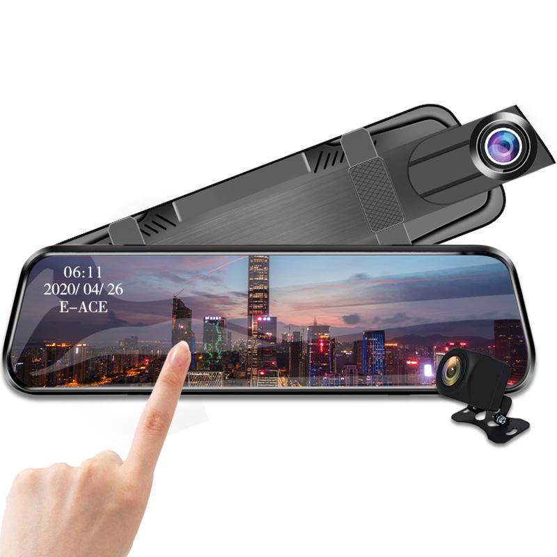 

E-ACE 10-дюймовый сенсорный IPS-экран, автомобильный видеорегистратор, потоковое зеркало заднего вида, видеорегистратор FHD 1080P, видеокамера с двумя объективами и камерой заднего вида