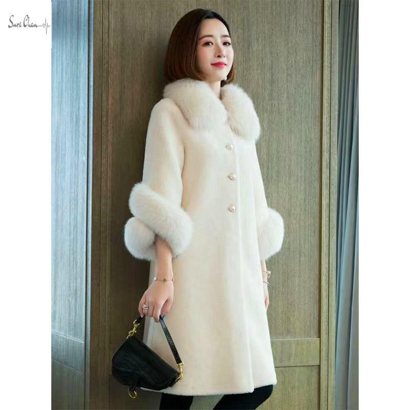 Casaco Longo de Pele Faux Mink Feminino Quente Elegante Gola de Pele de Raposa Artificial Lã de Ovelha Outono Inverno Jaqueta de Pele Casaco Feminino