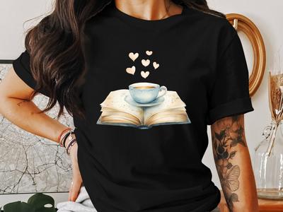 Tea Cup and Open Book T-Shirt, Cottagecore Aesthetic Shirt, Heartwarming Book Lover Tee, Cozy Cottagecore Fashion, Bookworm Gift Idea