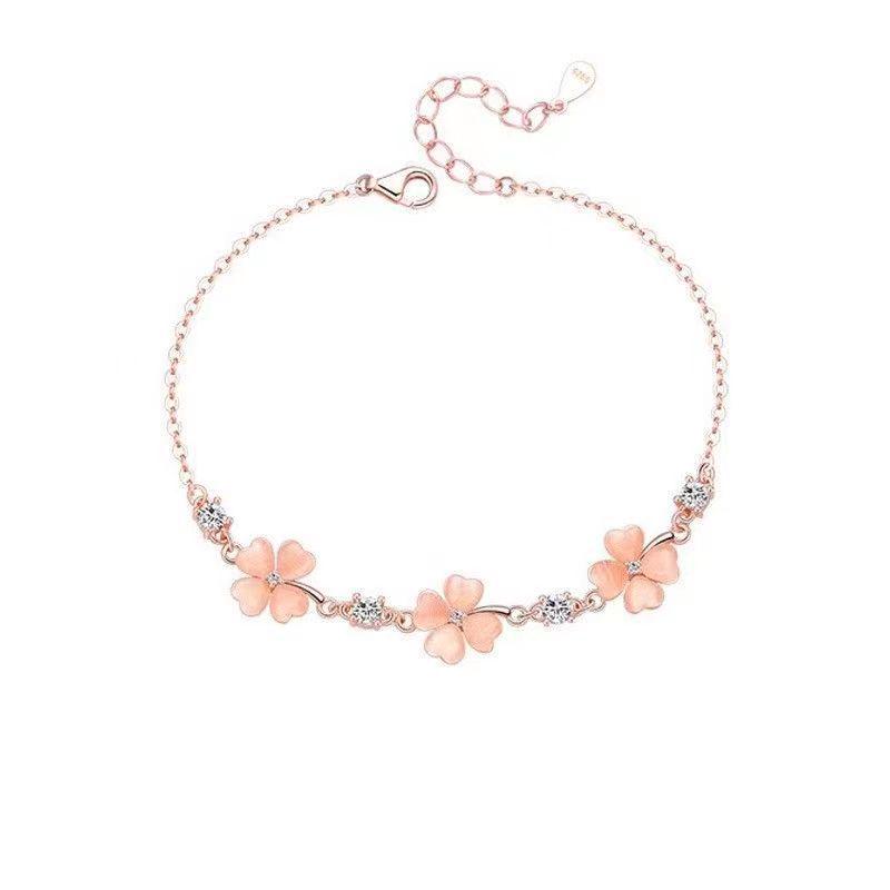 Four-Leaf Clover Bracelet & Cat's Eye Pink Diamond Flower Necklace Set
