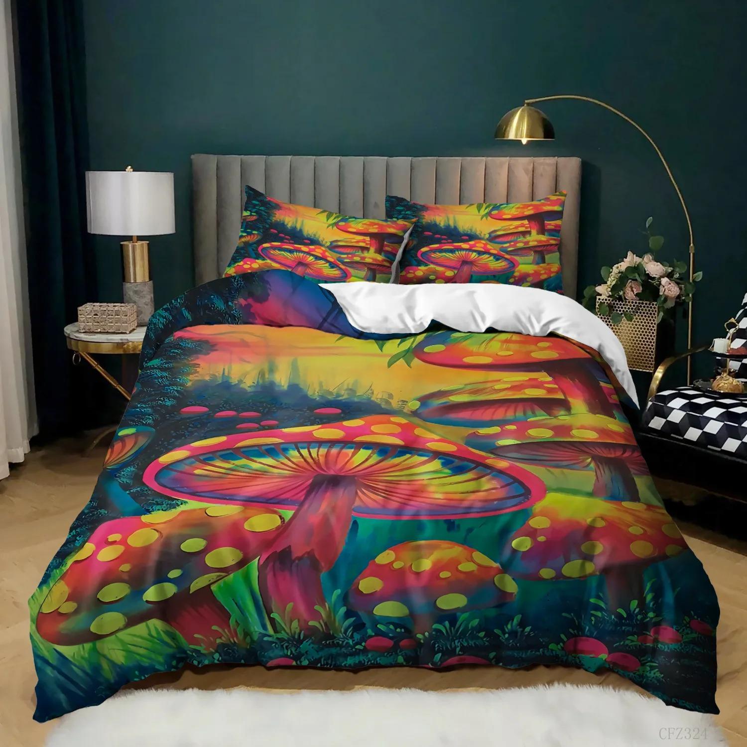 

Mushroom Duvet Cover King Queen Size Magic Forest Colorful Cute Psychedelic Mushrooms Polyester Bedding Set for Kids Multicolor EU Single 135x200cm