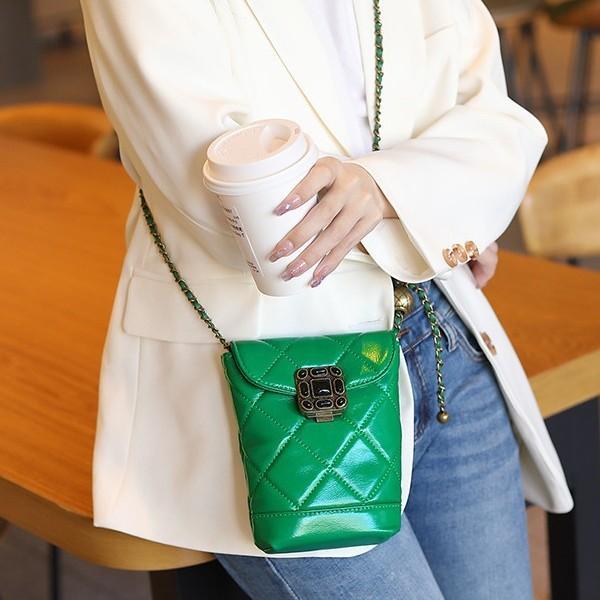 Fashionable Genuine Leather Chain Phone Bag,-style 2025 New Model, Diamond Pattern with Gemstone and Small Gold Ball