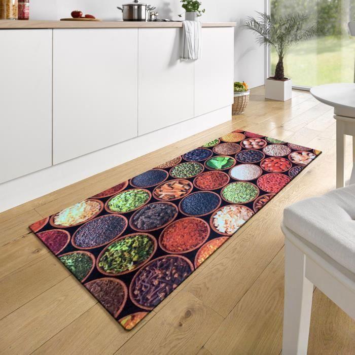Tapis de cuisine - MANI TEXTILE - MISIR - Antidérapant - Lavable en machine - Noir