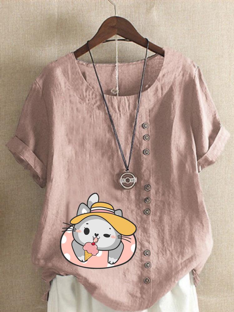 Women's Fashion Cat Print Shot Sleeve T-shirt Loose Cotton Shirt Casual Loose Summer Blouse Tops Plus Size