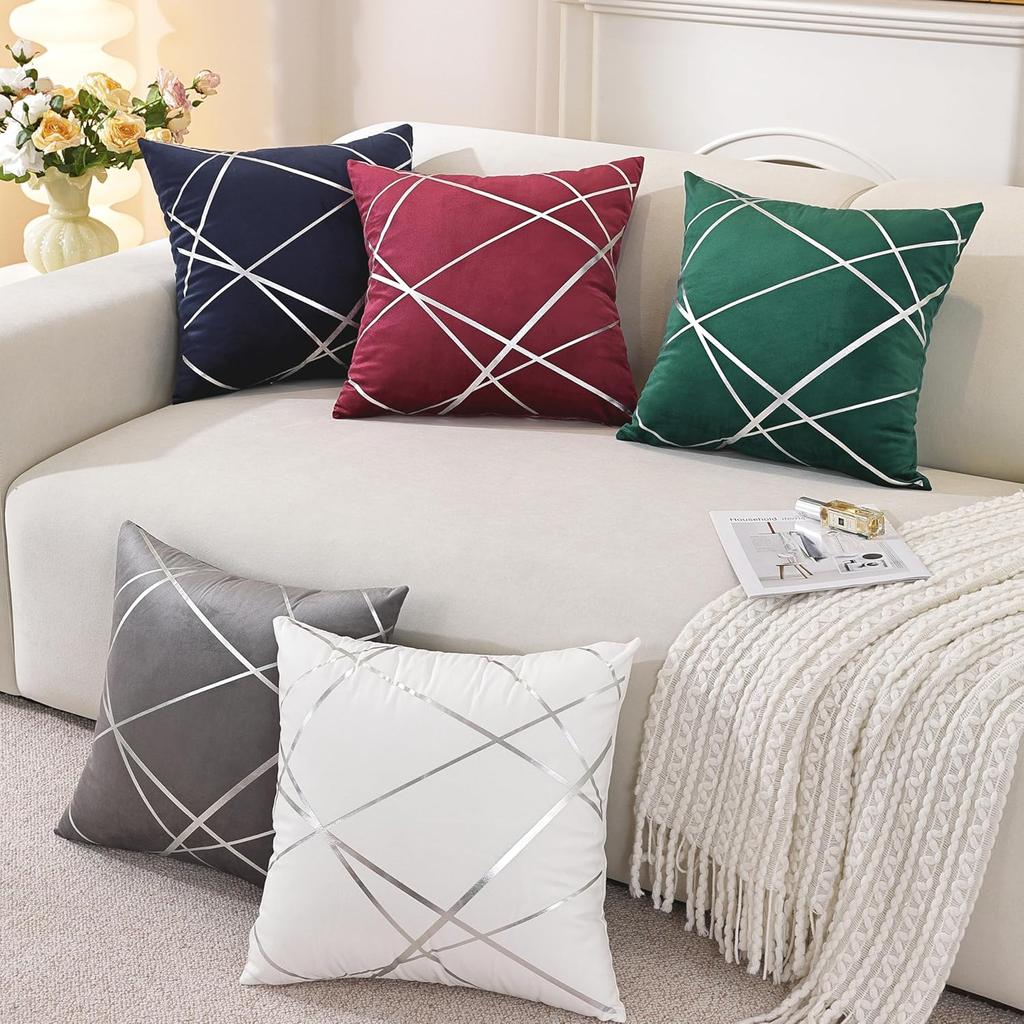 TAOSON Pack of 4,Velvet Cushion Cases Decorative Silver Foil Geometric Lines Pattern Throw Pillow Covers for Modern Homes Couch Sofa Bedroom Living