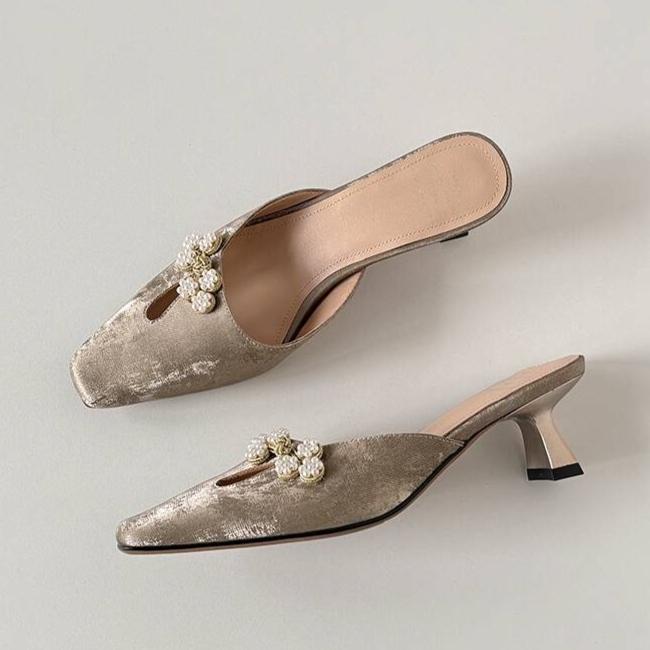 Fashion Square Toe Slippers Women Heeled Sandals Crystal Mules Mid Heels Shoes Summer 2025 New Elegant Dress Party Trend Pumps Mujer