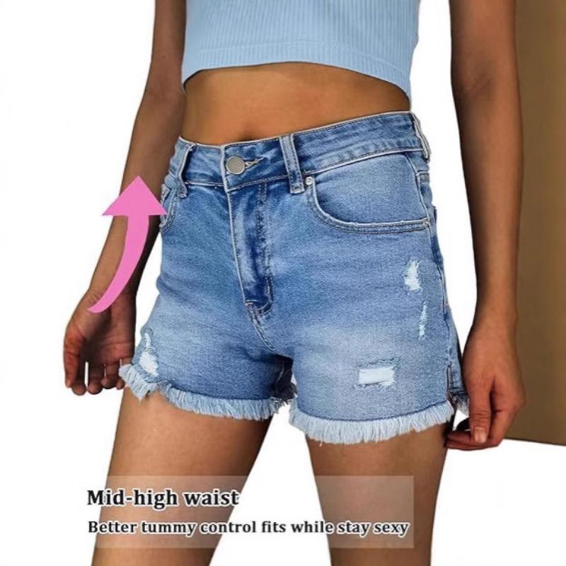 Nuovo Stile Pantaloncini Elasticizzati Strappati con Bordo Grezzo in Denim Lavato per Donna Disponibili