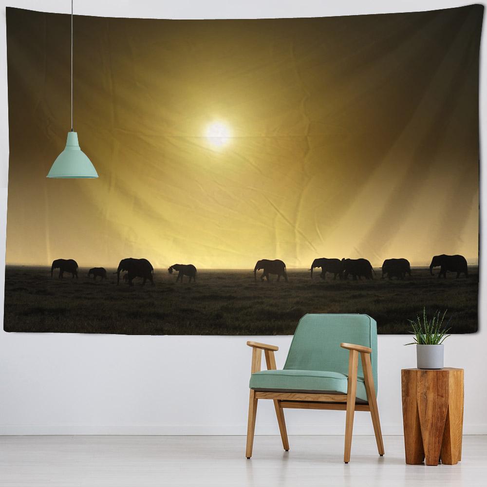 Bohemian Elephant Art Tapestry Sunrise Sunset Forest Landscape Home Decoration Wall Hanging Hippie Living Room Background Cloth