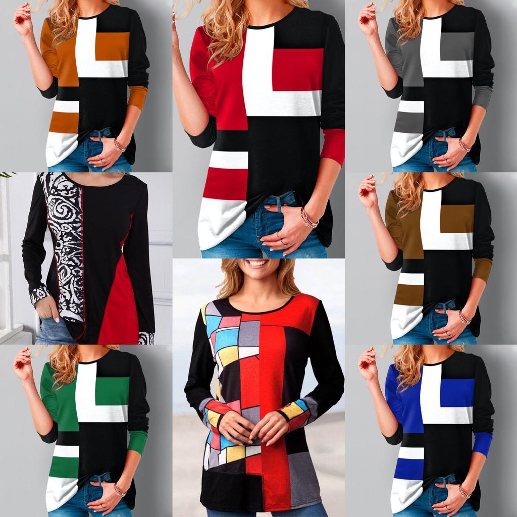 Women's Fashion Loose Casual Round Neck Floral Print Long Sleeve Geometric Print Tops Blouses Pullover Plus Size