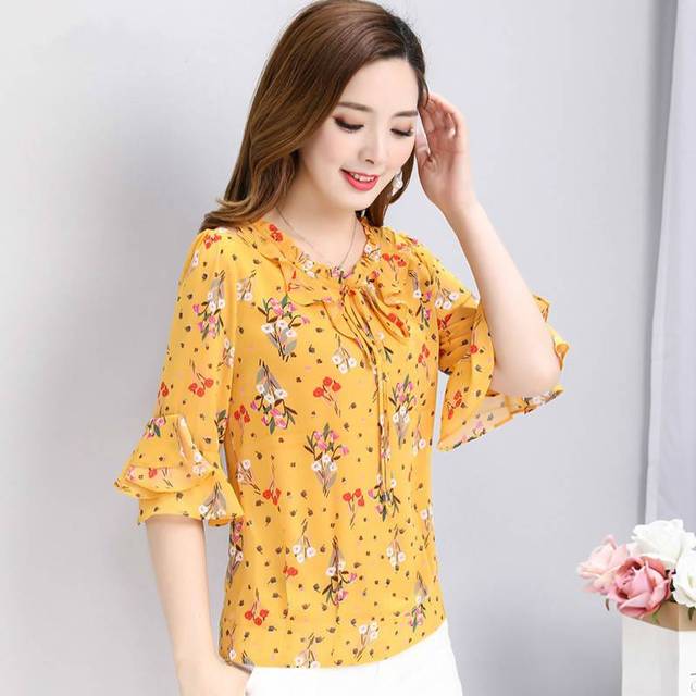

New Half Sleeve Blouse for Women s Clothing Floral Chiffon Shirt Bow Ruffled Pullovers Top S-5XL 5XL