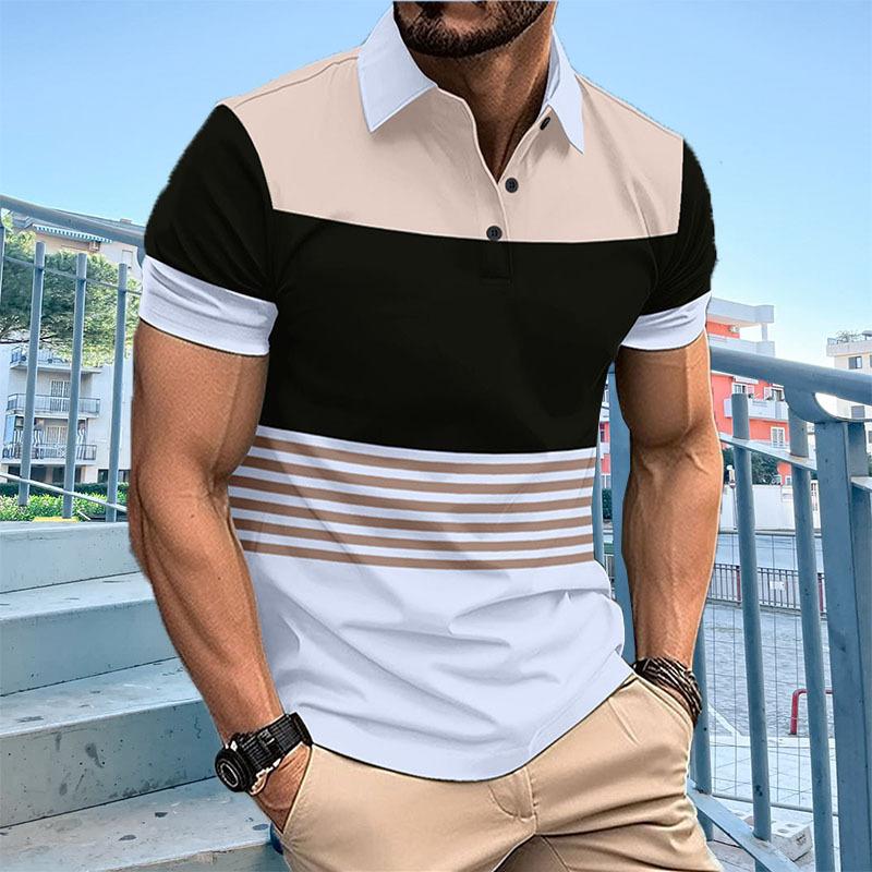 New Men's Casual POLO Shirt Digital Printing Striped Buttons Lapel Top Loose Versatile Short-sleeved T-shirt Tops
