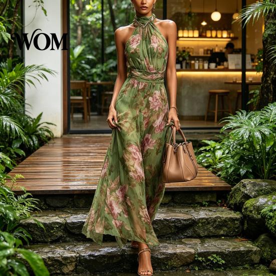 Light Fabric Dress Floral Chiffon for Women, Halter Sleeveless Ruched Maxi Casual Loose Fit Dress, Turtle Neck Wedding Guest Cocktail Evening