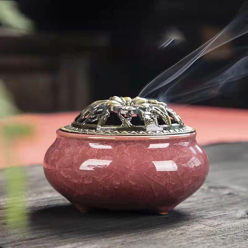 Incense Burner With Lid Hollow Top Censer Holder Heat Resistance Incense Tower Ice Crack Pattern Peaceful Mind Censer Burner