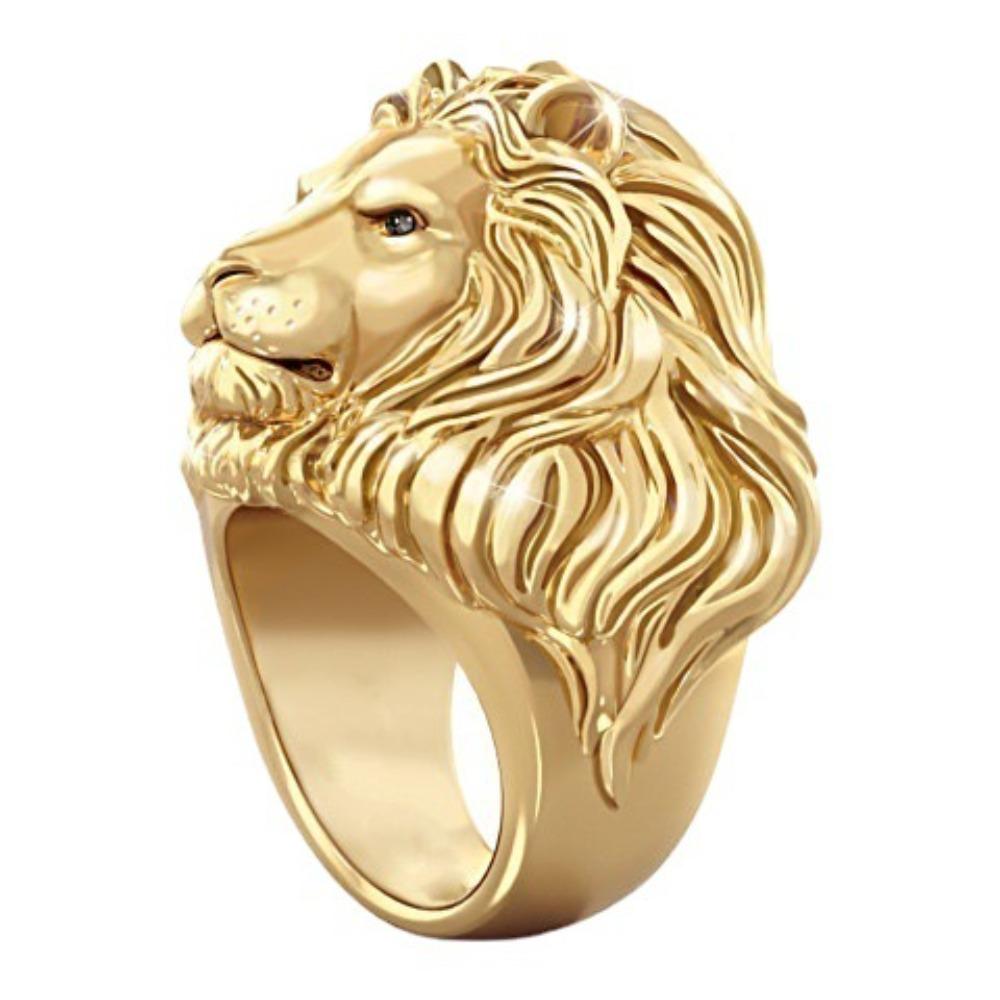 Anello da Uomo Leone Africano Placcato Oro 18K Stile Hip Hop con Decorazione Brillante di Diamanti