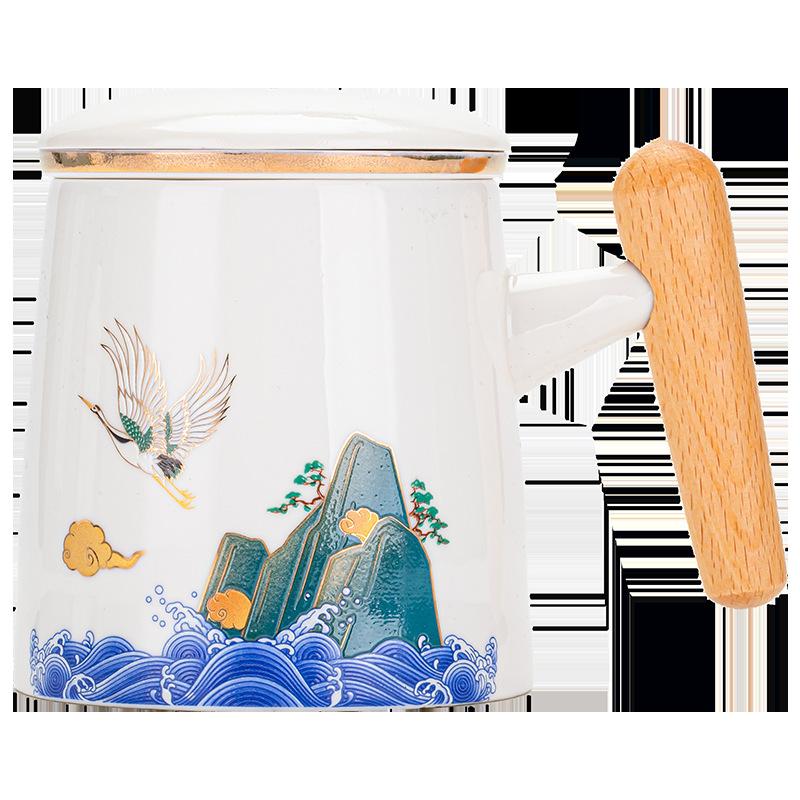 Ceramic Tea Cup with Lid Tea Separation Cup Filter Water Cup Creative Wooden Handle Cup Office Cup Gift Cup Guochao