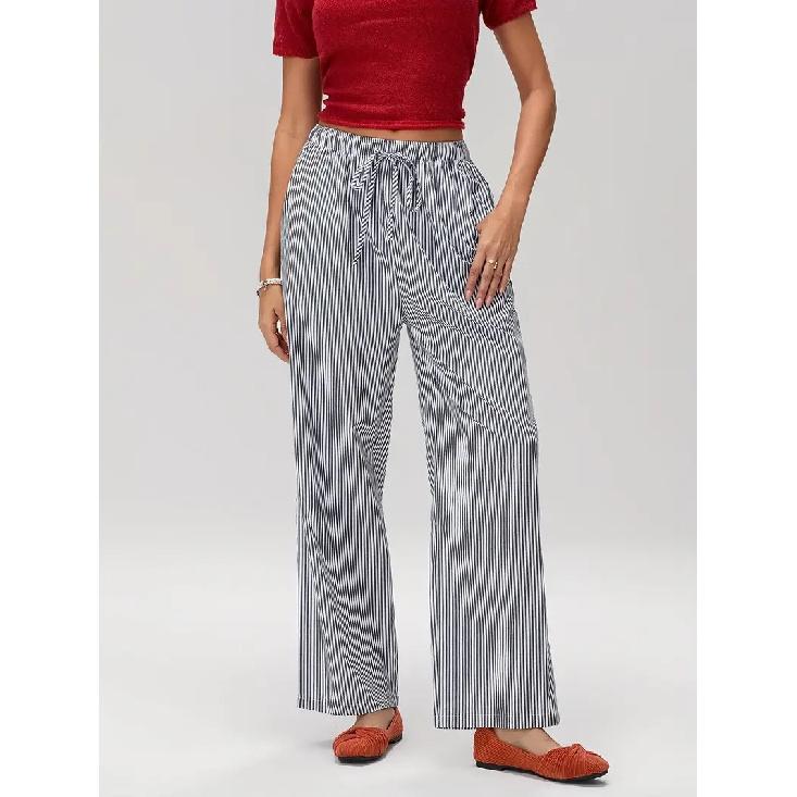 2026 Women s Striped Wide-Leg Pants Casual Street Fashion Loose High-Waisted Trousers S чёрный