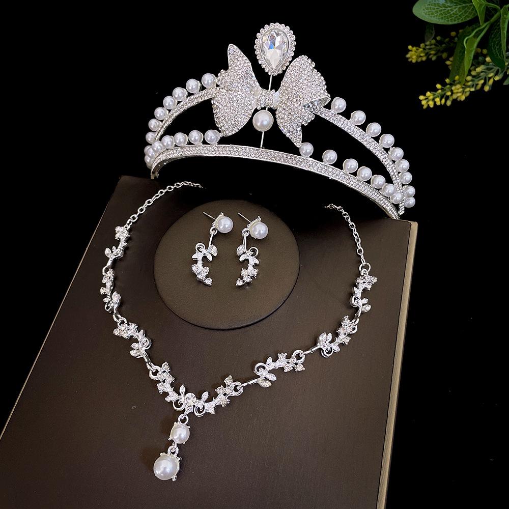 Imitation Pearl Bridal Crown Three Piece Set Wedding Crown Tiara Necklace Earrings Korean Super Fairy Wedding Dress With