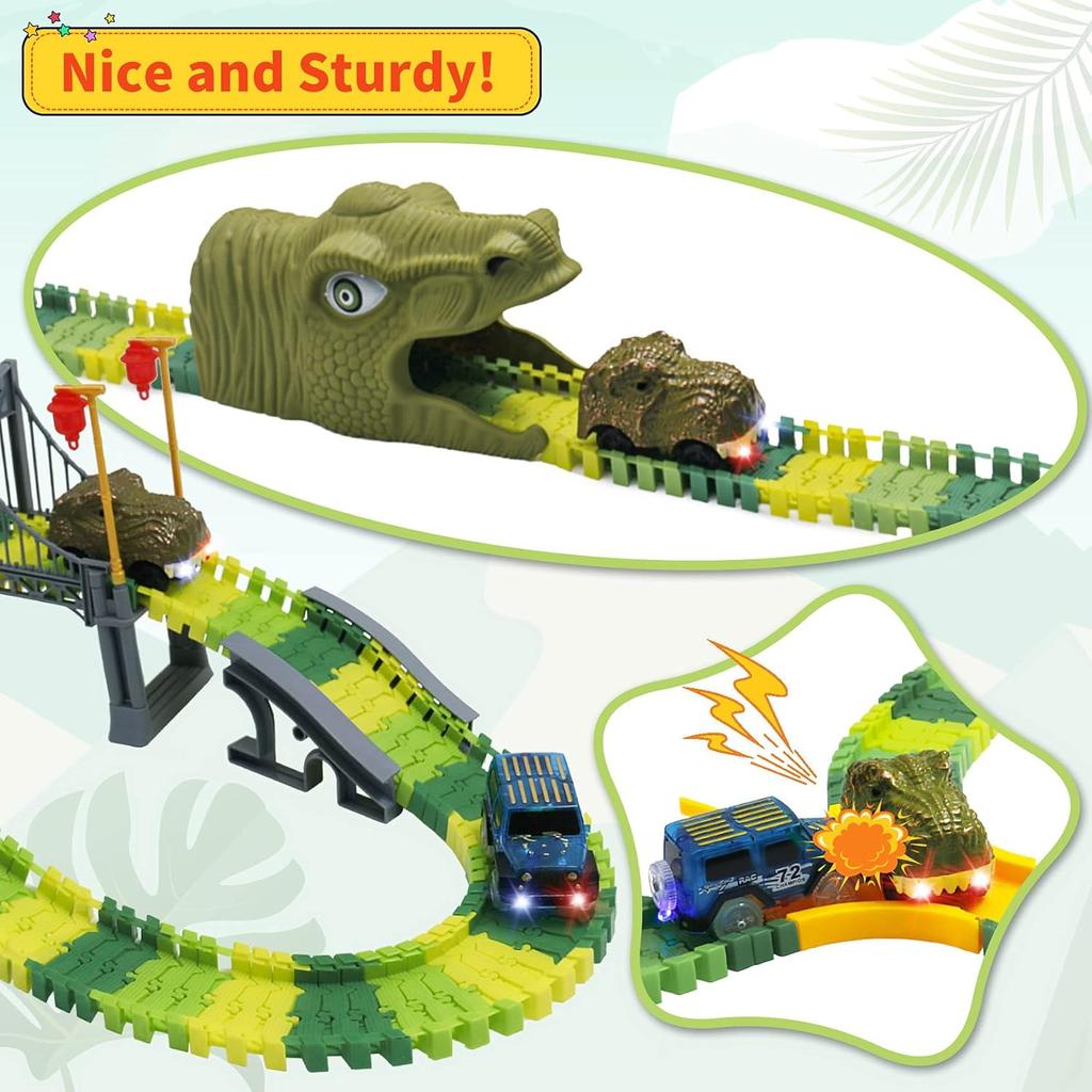 Dinosaur World Race Track Toys - 216pcs Flexible Track Playset with 1 Dinosaur Car, 1 Race Car, 6 Dino Toys, for Kids 3 4 5 6 Year & Up Old (Boys and