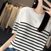 Pure Cotton Round Neck Black and White Striped Knitted Short-sleeved For Women Summer New Style Pimple Needle Base Comfortable and Versatile Top