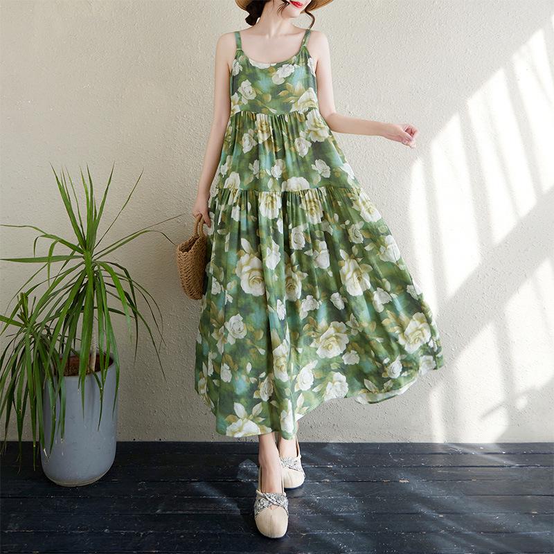 2025 Summer Cotton Linen Patchwork Long Dress with Large Hem and Slimming Fit