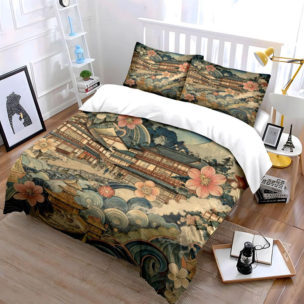 Japanese Landscape Three-Piece Set Decor Soft Comfortable Duvet Cover Bedding Set Included 1*Duvet Cover & 2*Pillowcases,Gift
