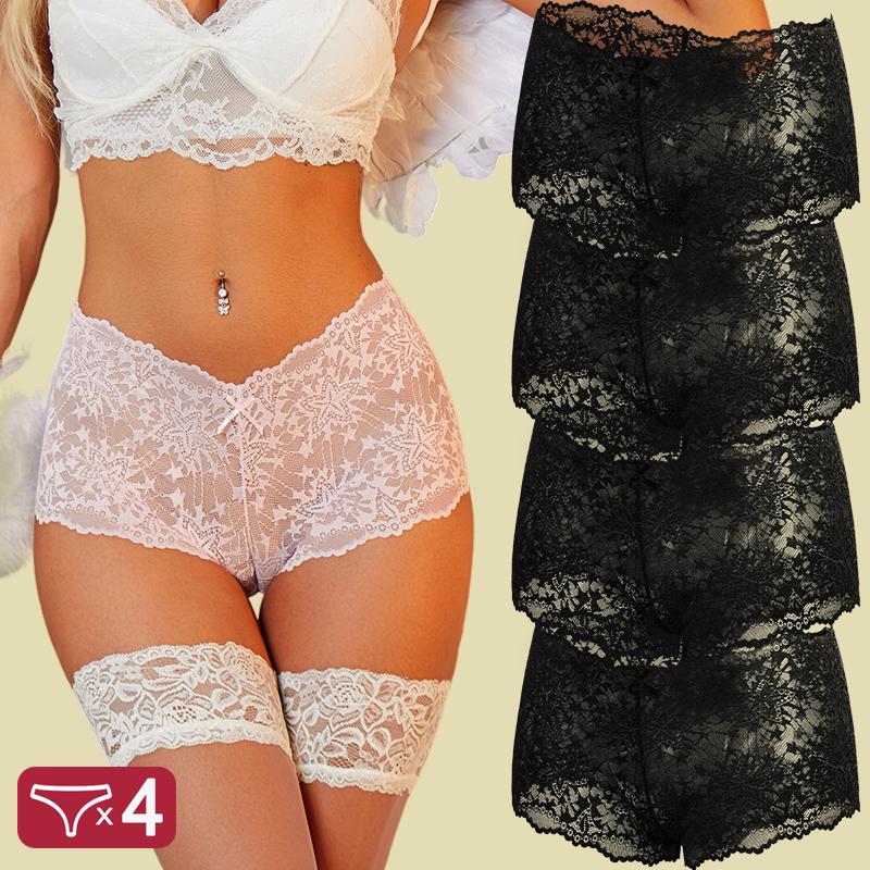 FINETOO 4Pcs/Set Women Panties Hollow Out Lace Mid Waist Elastic See-through Star Lace Four Cornered Pants Women Underpants